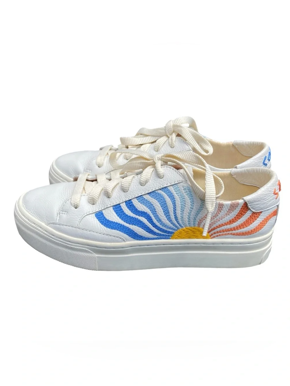 Anthropologie White Leather Sneakers with Blue & Orange Sunburst Embroidery
